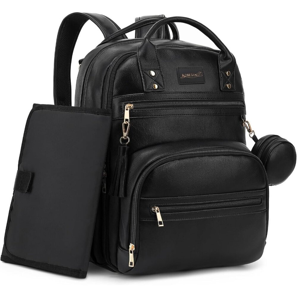 Stylish 20-Pocket Vegan Leather Diaper Bag Backpack with Changing Pad & Support